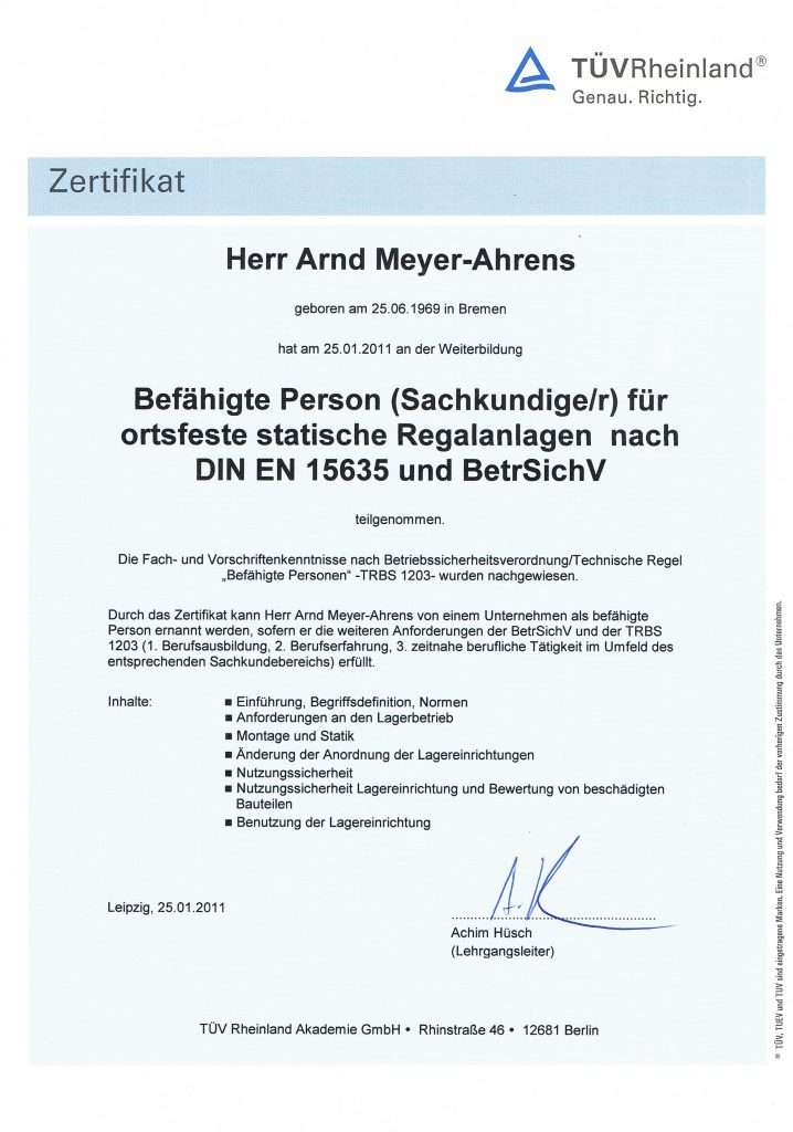 Zertifikat Regalprüfer TÜV Rheinland