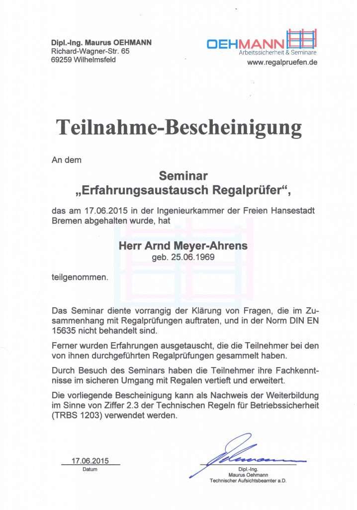 Regalprüfer Weiterbildung Oehmann 2015