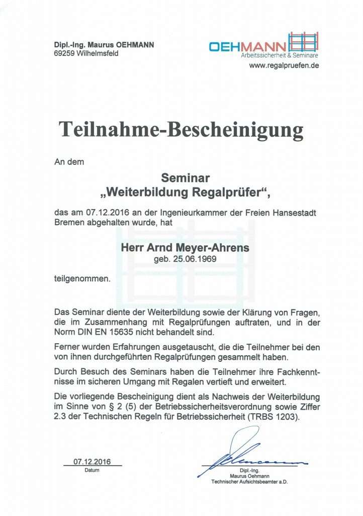 Regalprüfer Weiterbildung Oehmann 2016