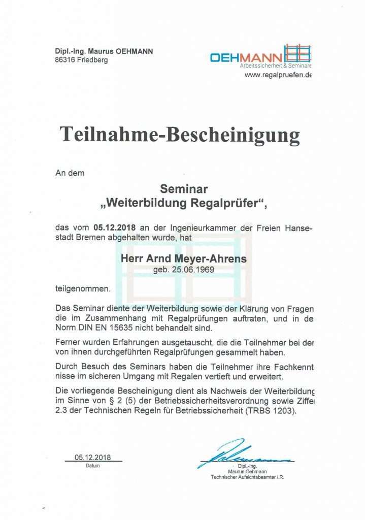 Regalprüfer Weiterbildung Oehmann 2018