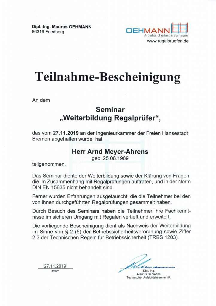 Zertifikat Regalprüfer Weiterbildung Oehmann 2019