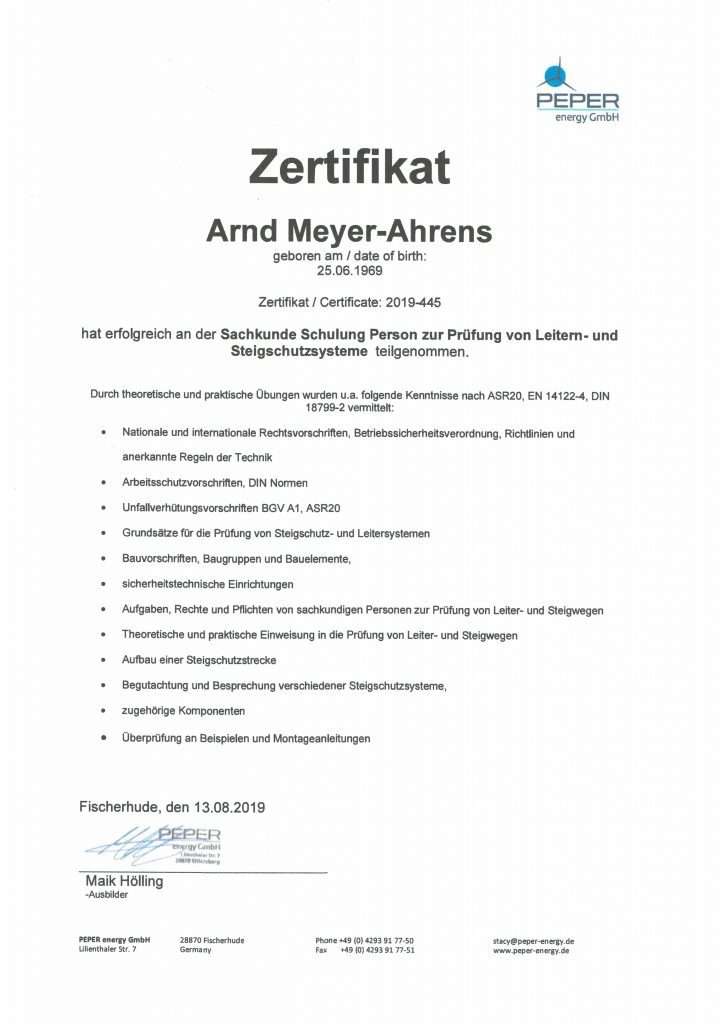 Zertifikat Steigleiterprüfer mit Steigschutzsystemen PEPER 2019