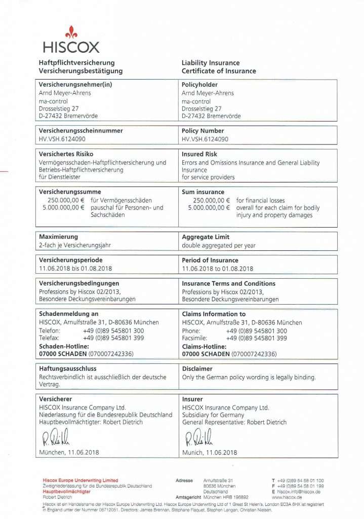 Police ma-control 5 Mio Betriebshaftpflichtverischerung HISXOX 02